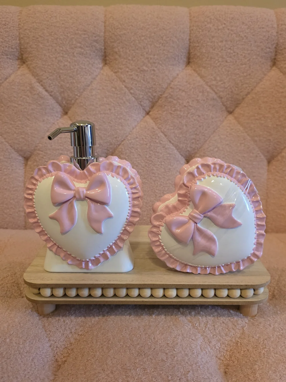 Pink Heart Bow Ceramic Soap Dispenser & Heart Dish With Lid Set